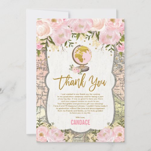 Vintage Pink Gold Floral Travel Map Graduation Thank You Card