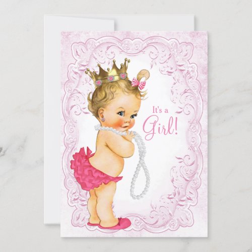 Vintage Pink Gold Princess Pearl Baby Girl Shower Invitation