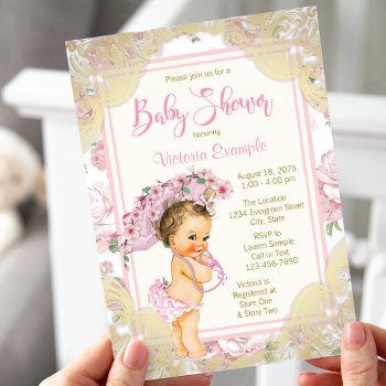 Vintage Pink Gold Rose Baby Shower Invitation by The_Vintage_Boutique at Zazzle