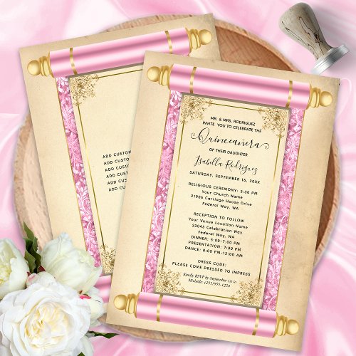 Vintage Pink Gold Scroll Elegant Quinceaera Invitation