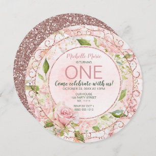 Vintage Pink Gold Watercolor Floral First Birthday Invitation