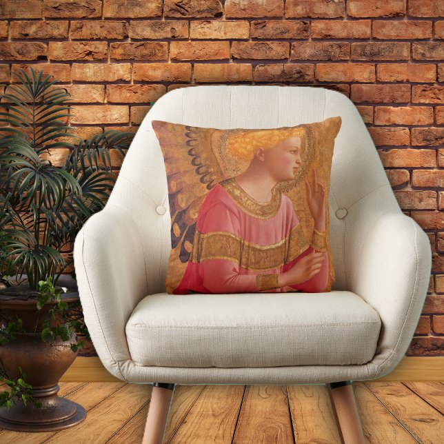 Vintage Pink Golden Christian Angel Throw Pillow (Christian Angle figure pink gold dress golden halo on home decor pillow.)