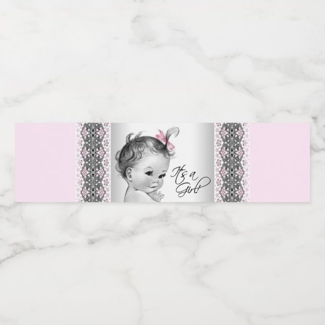 Vintage Pink Gray Baby Girl Water Bottle Labels (Single Label)