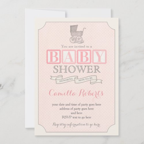 vintage pink gray baby shower invitations for girl