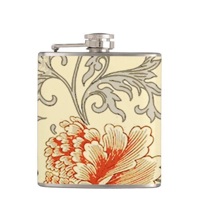 Vintage Pink Gray Botanical Floral Flask (Front)