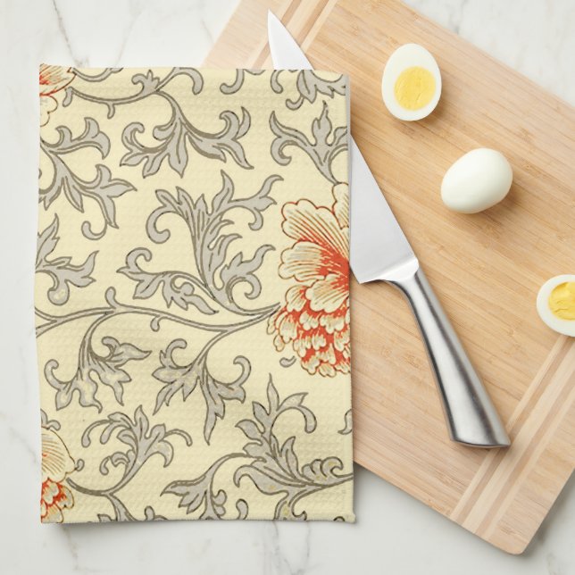 Vintage Pink Gray Botanical Floral Kitchen Towel (Quarter Fold)