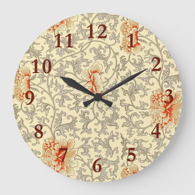 Vintage Pink Gray Botanical Floral Large Clock (Front)