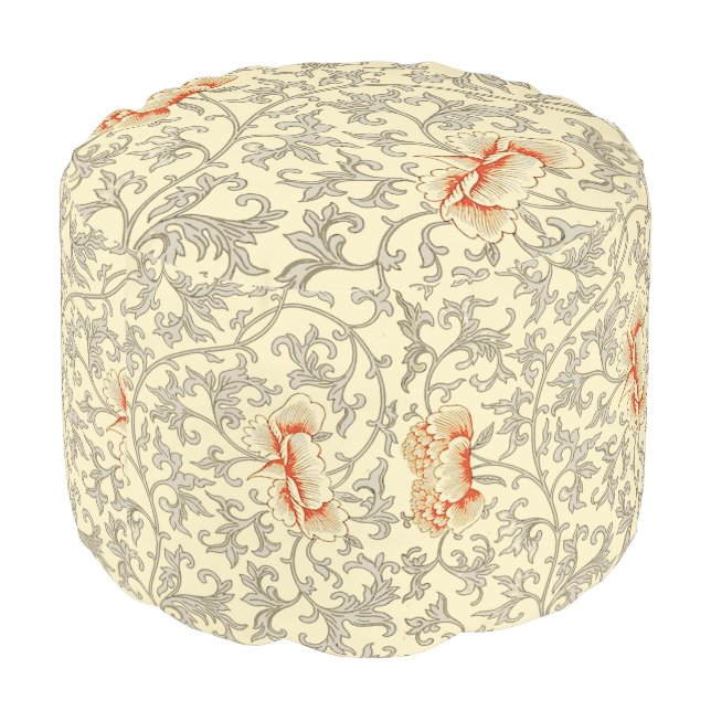 Vintage Pink Gray Botanical Floral Pouf (Angled Back)