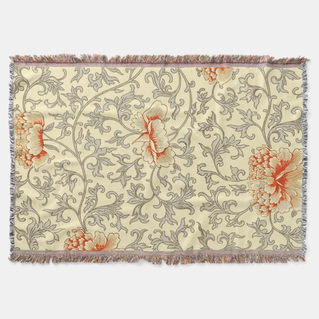 Vintage Pink Gray Botanical Floral Throw Blanket (Front)