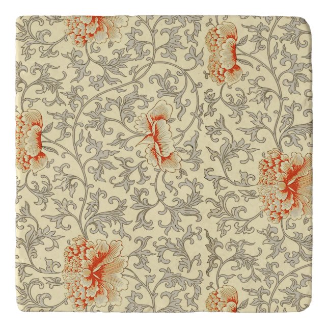 Vintage Pink Gray Botanical Floral Trivet (Front)