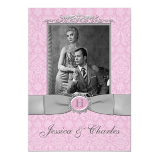Vintage Pink, Gray Damask Scrolls Photo Wedding Card