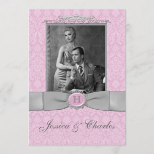 Vintage Pink, Gray Damask Scrolls Photo Wedding Invitation