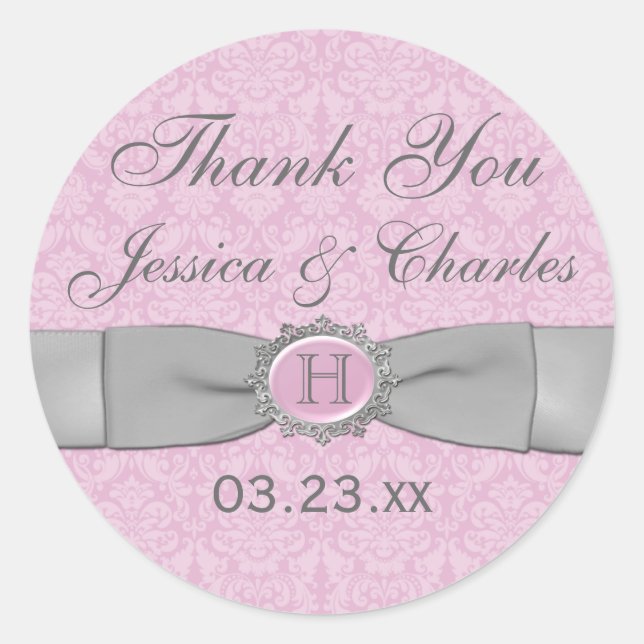 Vintage Pink, Gray Damask Wedding Favor Sticker (Front)