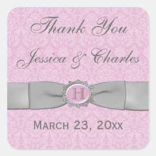 Vintage Pink, Gray Damask Wedding Favor Sticker