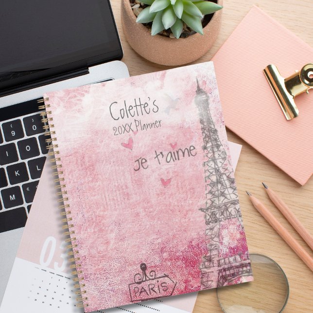 Vintage Pink Gray Je T'aime Eiffel Tower Planner (Creator Uploaded)