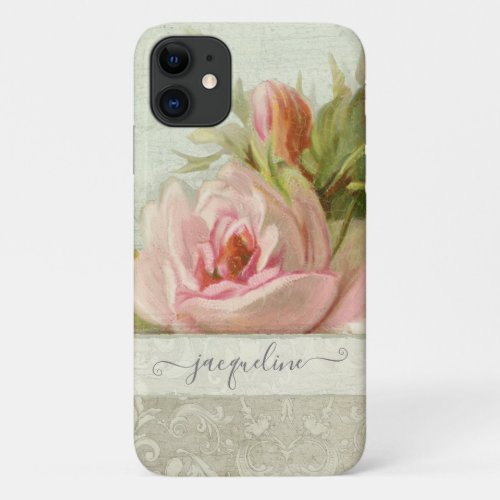 Vintage Pink Gray Painted Rose Floral w Pattern iPhone 11 Case