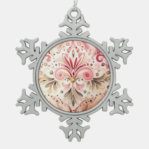 Vintage Pink Green Boho Watercolor Christmas Snowflake Pewter Christmas Ornament