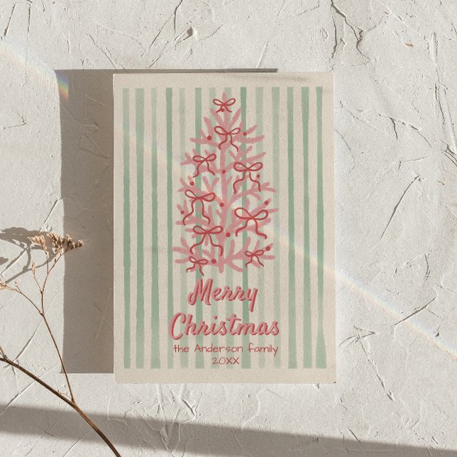 Vintage Pink Green Bows Tree Christmas Non-Photo Holiday Card (Creator Uploaded)