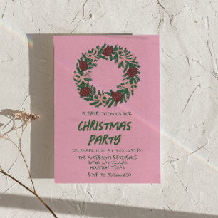 Vintage Pink Green Christmas Bows Wreath Party Invitation