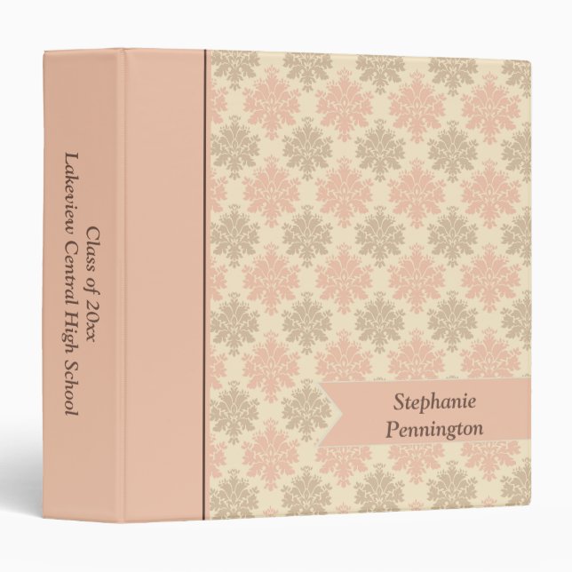 Vintage pink green damask graduation memory binder (Front/Spine)