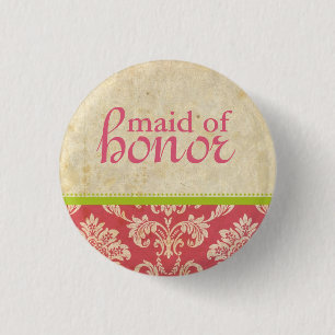 Vintage Pink Green Damask Maid of Honor Button