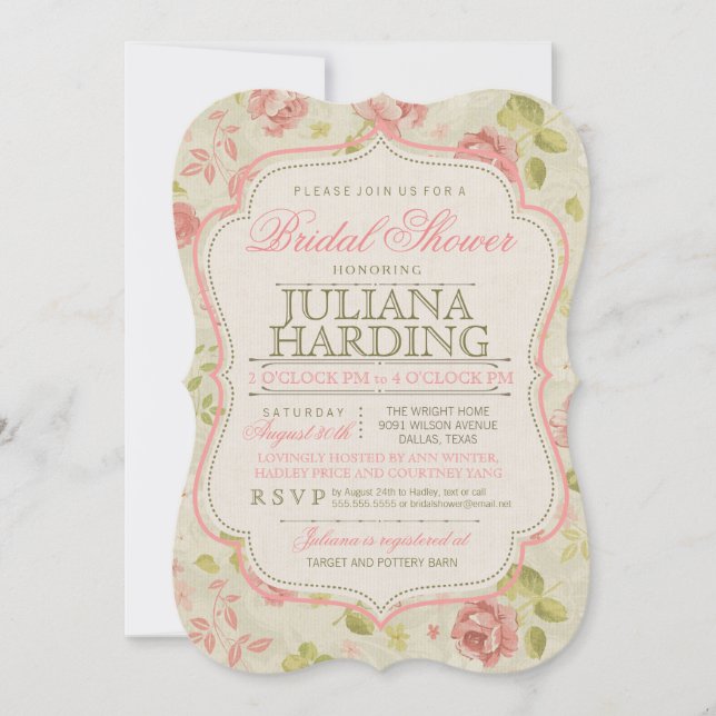 Vintage Pink Green Floral Bridal Shower Invitation (Front)