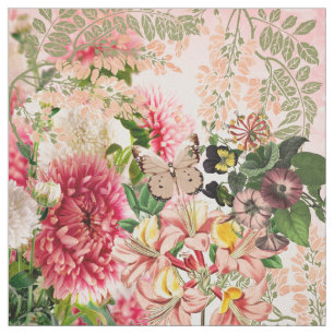 Vintage pink green flowers brown butterfly fabric