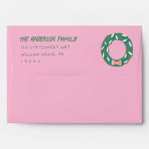 Vintage Pink Green Hand Made Bow Wreath Christmas Envelope