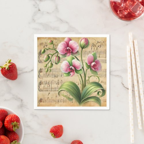 Vintage Pink &amp; Green Orchids Sheet Music Decoupage Napkins
