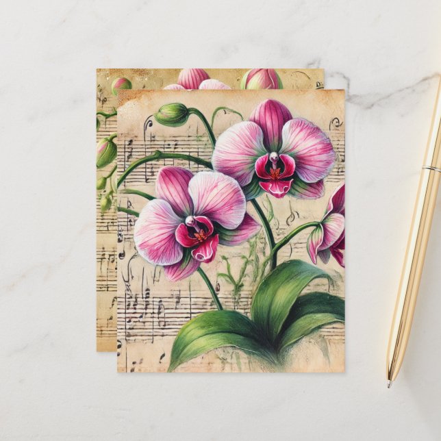 Vintage Pink & Green Orchids Sheet Music Scrapbook (Front/Back In Situ)