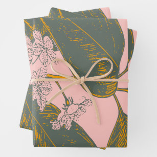 Vintage Pink Green Palm Frond Botanical Greenery Wrapping Paper Sheets
