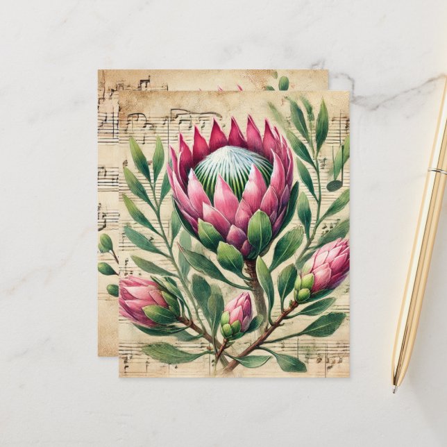 Vintage Pink & Green Protea Sheet Music Scrapbook (Front/Back In Situ)