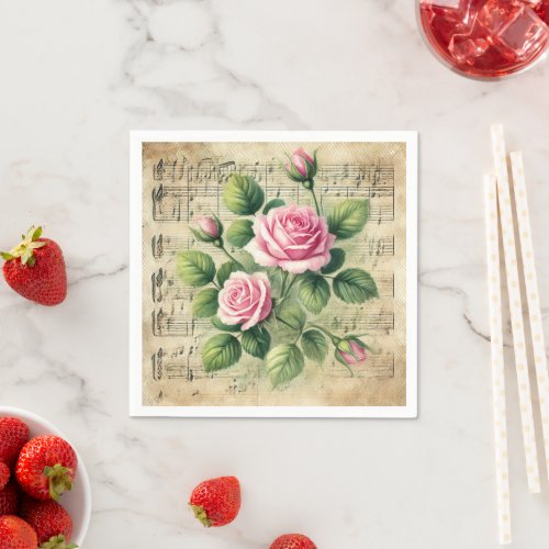 Vintage Pink &amp; Green Roses Sheet Music Decoupage Napkins