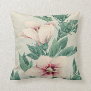Vintage pink green watercolor hand painted floral throw pillow