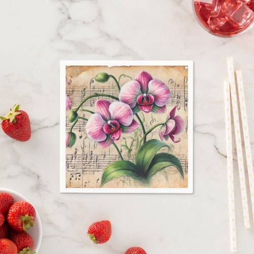 Vintage Pink &amp; Green Watercolour Orchids Découpage Napkins