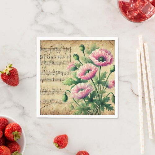 Vintage Pink &amp; Green Watercolour Poppies Découpage Napkins