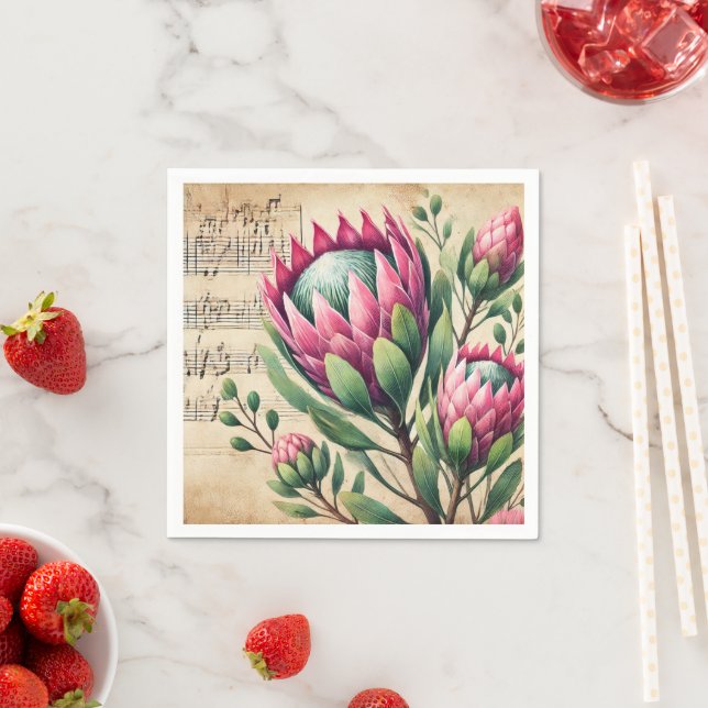 Vintage Pink & Green Watercolour Protea Découpage Napkins (Insitu)