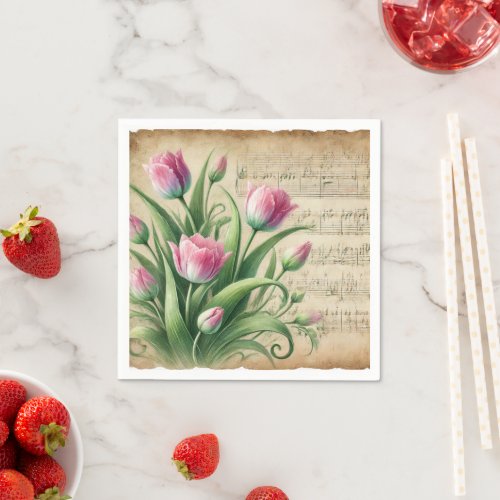 Vintage Pink &amp; Green Watercolour Tulips Découpage Napkins