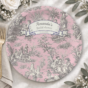 Vintage Pink Grey French Country Toile de Jouy Paper Plates