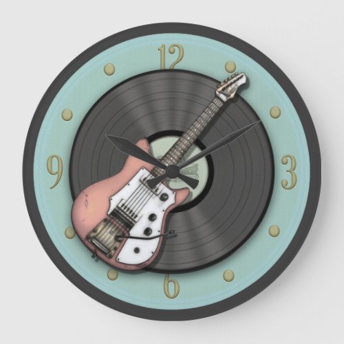 Vintage Pink Guitar and Vinyl Record Wall Clock