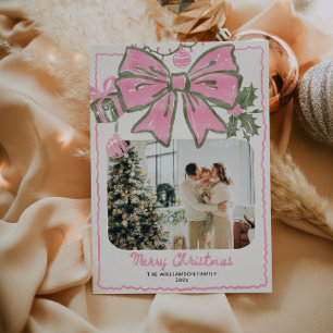 Vintage Pink Hand Drawn Christmas Family Photo Holiday Card