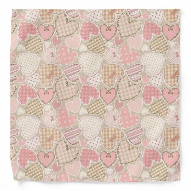 Vintage Pink Hearts Patchwork Quilt Pattern Bandana (Front)
