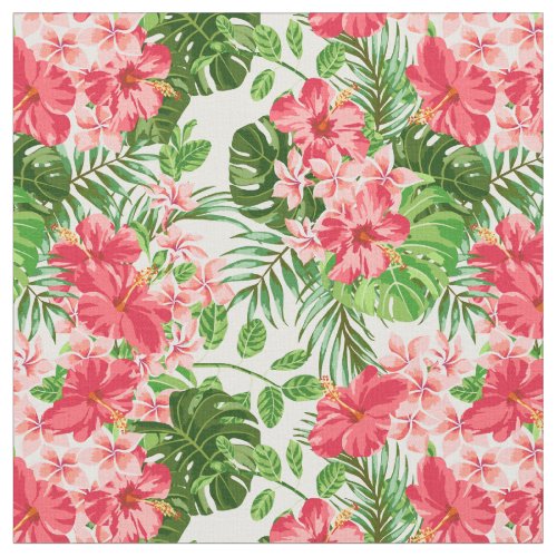 Vintage Pink Hibiscus Flower Palm Leaves Fabric