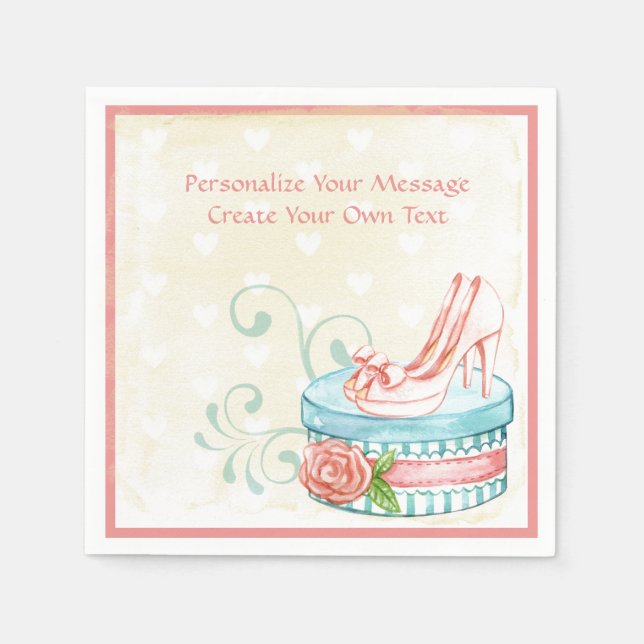 Vintage Pink High Heels Blue Hatbox Personalize Napkins (Front)