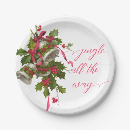 Vintage Pink Holly and Silver Bells Paper Plate