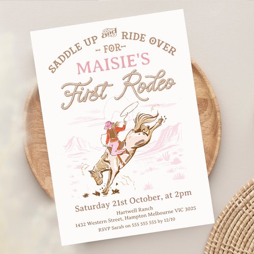 Vintage Pink Horse First Rodeo 1st Birthday Invitation