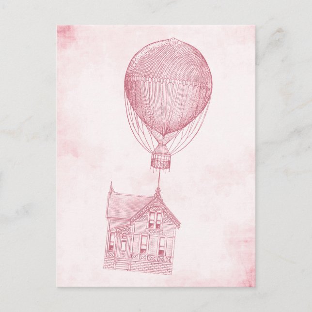 Vintage Pink Hot Air Balloon Moving Cottage Postcard (Front)