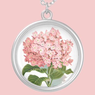 Vintage Pink Hydrangea Botanical Illustration Silver Plated Necklace