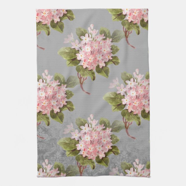 Vintage Pink Hydrangea Gray Kitchen Towel (Vertical)