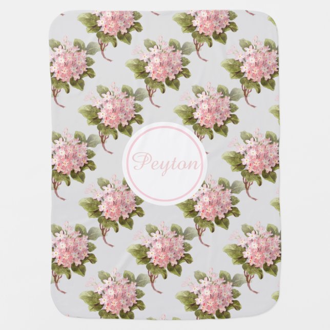 Vintage Pink Hydrangea Gray Personalized Blanket (Front)